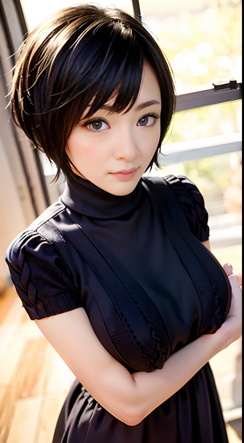 ((pixie_cut short_hair):1.2), 8K、Raw photography。top-quality、high_quality、Extreme_Detail_Photography、Eye for extreme detail、Super Detail Face、Hair in super detail、Super detail body、(Photography Lighting:1.3)、1girl、Puffy eyes、Eyes in good shape。Brown-eyed、dark brown short hair、good lips、Small lips、Raw photo, Best Quality, masutepiece, ultra-detailliert, (black cable-knit long dress with turtleneck:1.5), 超A high resolution, Realistic,wide_angle, tiny head, (huge_breasts:1.7), (ankle:1.4), ((((solo)))), thick thighs, (seductive posture:2.0), stretching up hand, perfect hands, perfect fingers, feminine fingers, looking at the viewer, split chin