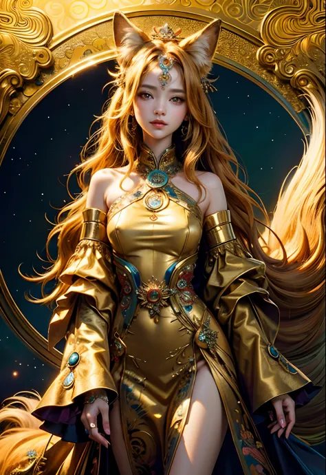 (​masterpiece、top-quality、top-quality、Official art、Beautifully Aesthetic:1.2)、(1girl in)、ighly detailed、(Fractal Art:1.3)、colourfull、highestdetailed　Golden Nine Tail Fox　Fancy golden background　Facing the front　Soft smile