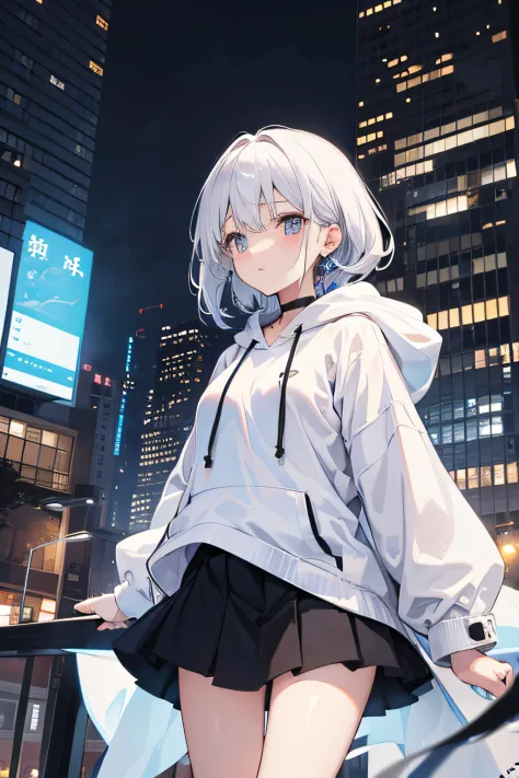The background is a devastated city、Wearing a white hoodie、Wearing a black tattered robe on top、Wearing a navy blue skirt、white-haired girl