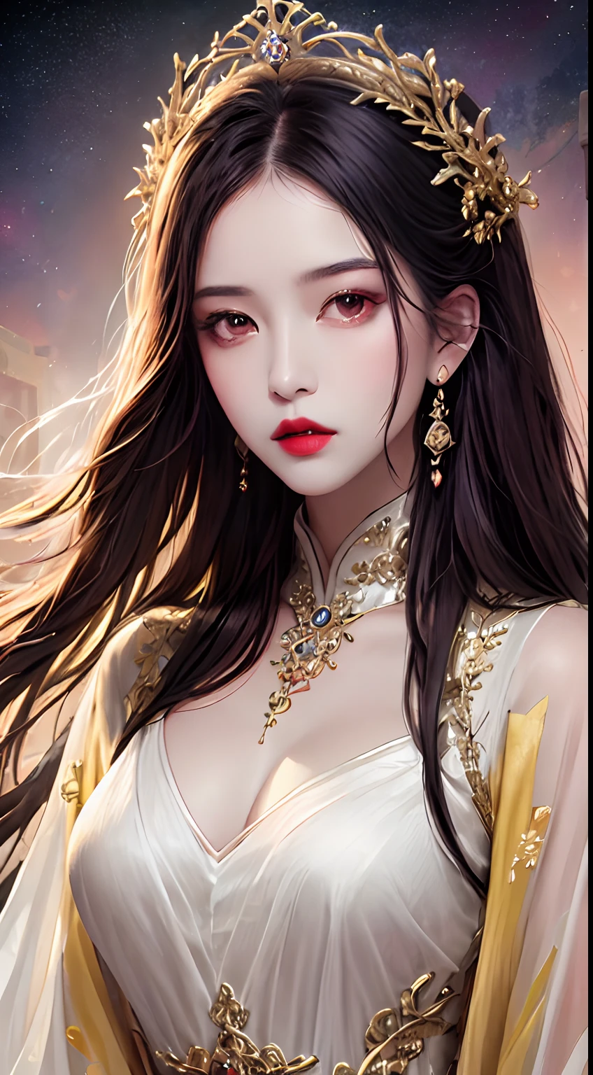 1 2, 1 zodiaque goddess from the future, goddess of the pink and purple 12 zodiaques, the goddess of the zodiaque in a yellow ao dai, a 12 zodiaque ao dai with many black lace detail, mythology Goddess of the 12 zodiaques from the future, zodiaque ♏, luxurious glittering zodiaque style, version sombre et mystérieuse, zodiaque crown, rouge à lèvres lèvres rouges, lèvres fines et belles, Bouche fermée, personnages créés par Karol Bak et Pino Daeni, détail complexe, contexte détaillé, extrêmement détaillé, magie légère, une femme, visage clair, cheveux longs avec une frange, beau visage en détail et yeux bien proportionnés, (yeux jaunes transparents: 1.8), grands yeux ronds et maquillage très beau et détaillé, prévoyance, Robe en soie, maquillage mystérieux , double frange et teint en blond clair , portrait de la moitié supérieure, zodiaque goddess portrait, les bras pendent librement, Photo réaliste et vivante, (stars make up the zodiaque: 1.7), (sky background zodiaque and fictitious space and time portal: 1.8), fiction, photo brute, photo de hanfu, meilleure photo, meilleure photo quality, Qualité 8k, 8K Ultra, super réaliste, photo réelle la plus économique, la déesse pose sexy et séduisante,