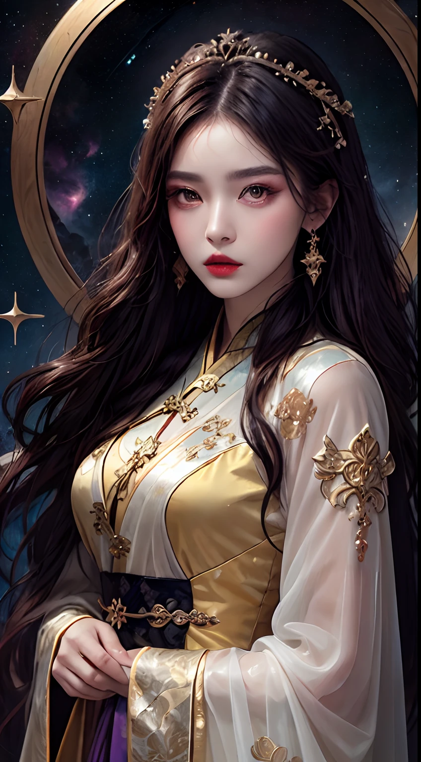 1 2, 1 الأبراج الفلكية goddess from the future, goddess of the pink and purple 12 الأبراج الفلكيةs, the goddess of the الأبراج الفلكية in a yellow ao dai, a 12 الأبراج الفلكية ao dai with many black lace detail, mythology Goddess of the 12 الأبراج الفلكيةs from the future, الأبراج الفلكية ♏, luxurious glittering الأبراج الفلكية style, نسخة مظلمة وغامضة, الأبراج الفلكية crown, أحمر الشفاه أحمر الشفاه, شفاه رقيقة وجميلة, الفم مغلق, شخصيات من صنع كارول باك وبينو دايني, تفاصيل معقدة, خلفية مفصلة, مفصلة للغاية, سحر خفيف, امراة, وجه واضح, شعر طويل مع الانفجارات, وجه جميل بالتفاصيل وعيون متناسبة, (عيون صفراء شفافة: 1.8), عيون مستديرة كبيرة ومكياج جميل جدًا ومفصل, البصيرة, فستان حرير, مكياج غامض , الانفجارات المزدوجة والمصبوغة باللون الأشقر الفاتح , صورة النصف العلوي, الأبراج الفلكية goddess portrait, الأسلحة معلقة بشكل فضفاض, صورة واقعية وحيوية, (stars make up the الأبراج الفلكية: 1.7), (sky background الأبراج الفلكية and fictitious space and time portal: 1.8), فن الخيال, صورة خام, صورة هانفو, أفضل صورة, أفضل صورة quality, جودة 8K, 8K الترا, واقعية للغاية, الصورة الحقيقية الأكثر اقتصادا, تبدو الإلهة مثيرة ومغرية,