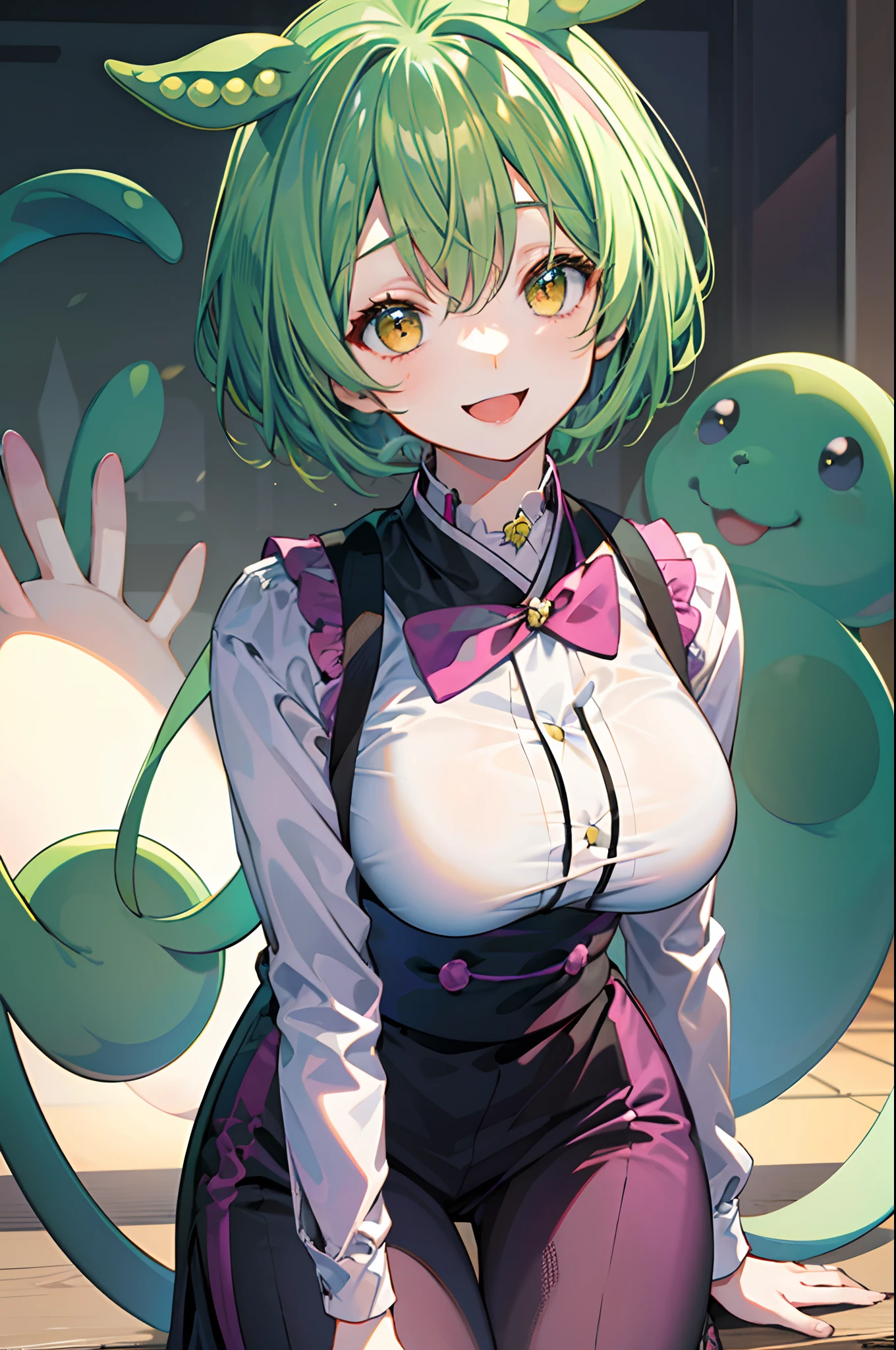 a beauty girl，Yellow-green hair，bobhair、short-hair、Gentle drooping eyes，large full breasts、Uniforms，Manga style，fulcolor，hi-school girl，Calm and gentle face，Big smile、innocent smiles