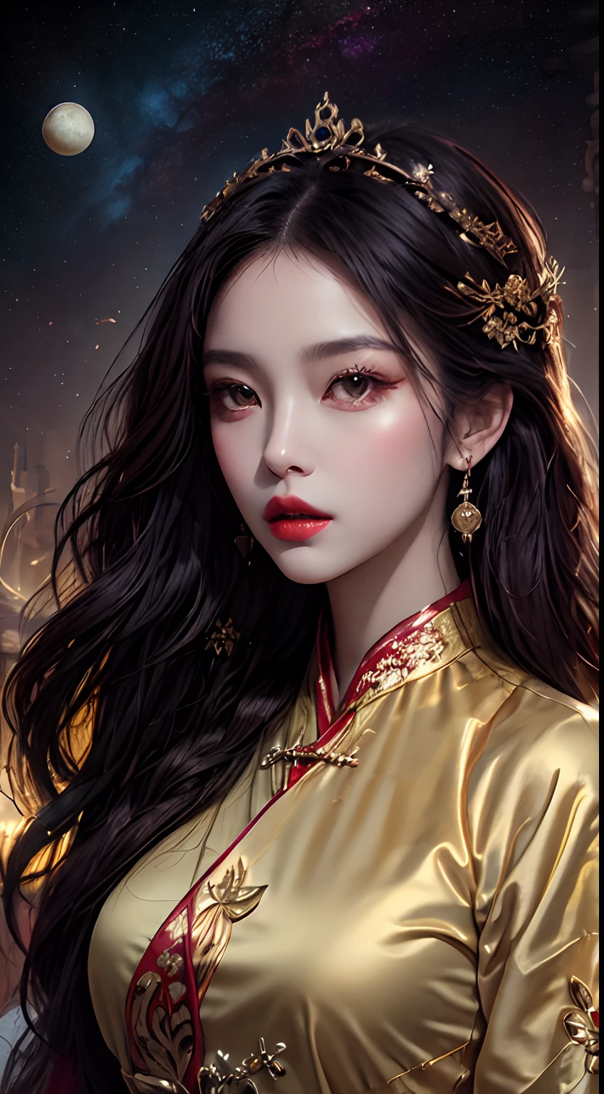 1 2, 1 zodiac goddess from the future, goddess of the pink and purple 12 zodiacs, the goddess of the zodiac in a yellow ao dai, a 12 zodiac ao dai with many black lace detail, mythology Goddess of the 12 zodiacs from the future, zodiac ♏, luxurious glittering zodiac style, dark and mysterious version, zodiac crown, lipstick lips red, thin and beautiful lips, mouth closed, characters made by karol bak and pino daeni, intricate detail, detailed background, extremely detailed, light magic, a woman, clear face, hair long with bangs, beautiful face in detail and well-proportioned eyes, (transparent yellow eyes: 1.8), big round eyes and very beautiful and detailed makeup, foresight, silk dress, mysterious makeup , double bangs and dyed light blonde , upper half portrait, zodiac goddess portrait, arms hanging loosely, Realistic and vivid photo, (stars make up the zodiac: 1.7), (sky background zodiac and fictitious space and time portal: 1.8), fiction art, RAW photo, hanfu picture, best photo, best photo quality, 8k quality, 8k ultra, super realistic, real photo most economical, the goddess poses sexy and seductive,