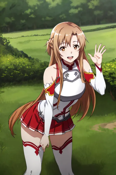 masterpiece, best quality, highres, aaasuna, long hair, brown hair, braid, brown eyes, bare shoulders, armor, breastplate, white sleeves, detached sleeves, red skirt, pleated skirt, white thighhighs, waving, smile, leaning forward, open mouth, town, fantas...