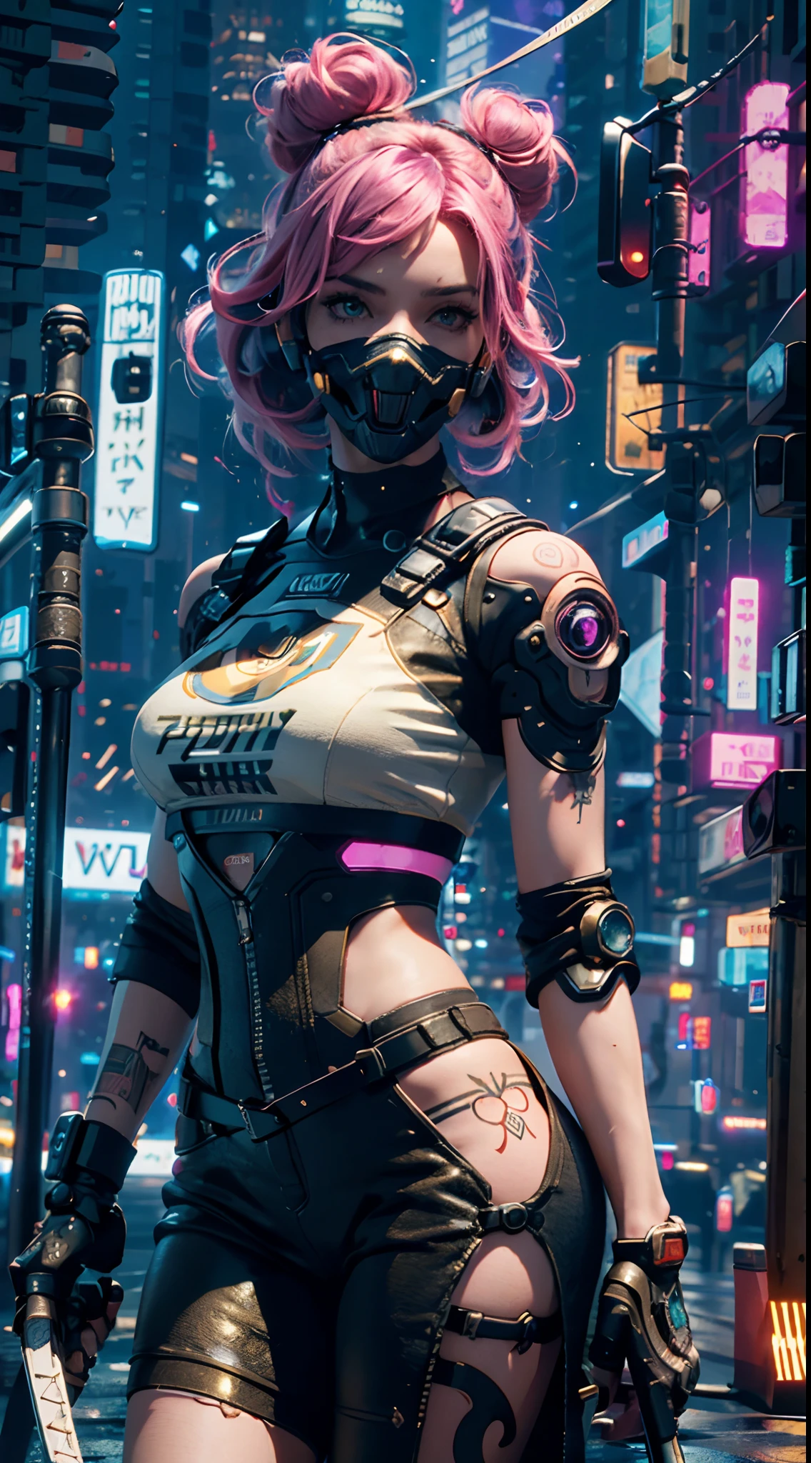masterpiece, maximum quality,CG art,RTX 4090,best quality,4K,1080p,realistic,CG wallpaper,super high detailed,ultra high resolution, 8k, cyberpunk2077,Blade runner 2049,a woman,beauty,21years old,fair skin, extremely beautiful,strong gaze, alone,portrait,((close-up face)),cyberpunk outfit, extremely detailed face, detailed eyes,mischievous smile, cheerful, realistic photo, totally realistic, human pelle, studio lighting,golden ratio body, wide hips,perfect legs, big ass,pink hair,curly hair,double buns,blunt bangs,white clothing,D-cup breasts,in the rooftop of cyberpunk city,cyberpunk city background,((night)),rain,tattoos,Combat posture,((cyborg)),((Mechanical mask)),holding a katana
