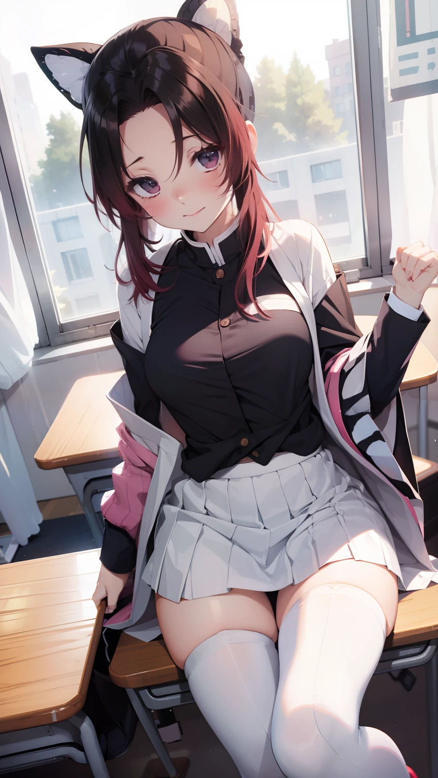 Anime girl sitting in a classroom with a cat ears on her head - SeaArt AI