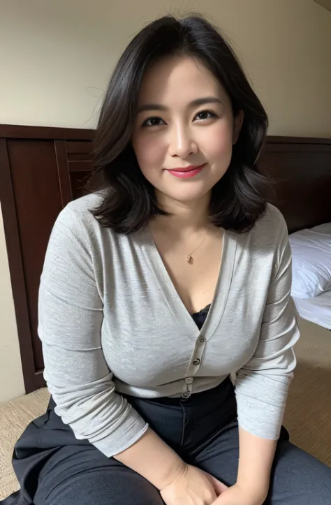 ((Best Quality, 8k, Masterpiece, Portrait: 1.3)), (looking at viewer),Photorealistic, Sharp Focus, Solo, Japan Milf, Beauty, Clothes with Cleavage View, 30 Years Old, Wavy Hair, Wrinkles at the Corners of the Eyes, ((Open your legs wide:1.5, Sit one knee u...