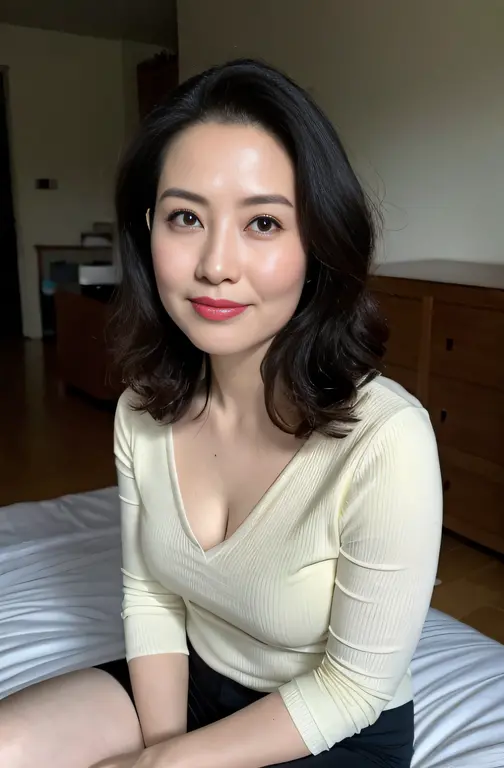 ((Best Quality, 8k, Masterpiece, Portrait: 1.3)), (looking at viewer),Photorealistic, Sharp Focus, Solo, Japan Milf, Beauty, Clothes with Cleavage View, 30 Years Old, Wavy Hair, Wrinkles at the Corners of the Eyes, ((Open your legs wide:1.5, Sit one knee u...