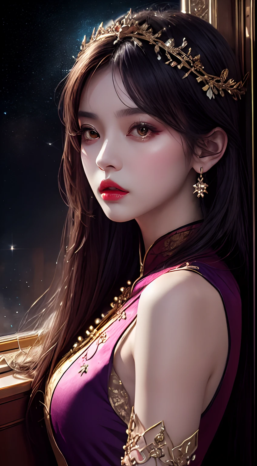 1 2, 1 zodiac goddess from the future, goddess of the pink and purple 12 zodiacs, the goddess of the zodiac in a yellow ao dai, a 12 zodiac ao dai with many black lace detail, mythology Goddess of the 12 zodiacs from the future, zodiac ♏, luxurious glittering zodiac style, dark and mysterious version, zodiac crown, lipstick lips red, thin and beautiful lips, mouth closed, characters made by karol bak and pino daeni, intricate detail, detailed background, extremely detailed, light magic, a woman, clear face, hair long with bangs, beautiful face in detail and well-proportioned eyes, (transparent yellow eyes: 1.8), big round eyes and very beautiful and detailed makeup, foresight, silk dress, mysterious makeup , double bangs and dyed light blonde , upper half portrait, zodiac goddess portrait, arms hanging loosely, Realistic and vivid photo, (stars make up the zodiac: 1.7), (sky background zodiac and fictitious space and time portal: 1.8), fiction art, RAW photo, hanfu picture, best photo, best photo quality, 8k quality, 8k ultra, super realistic, real photo most economical, the goddess poses sexy and seductive,