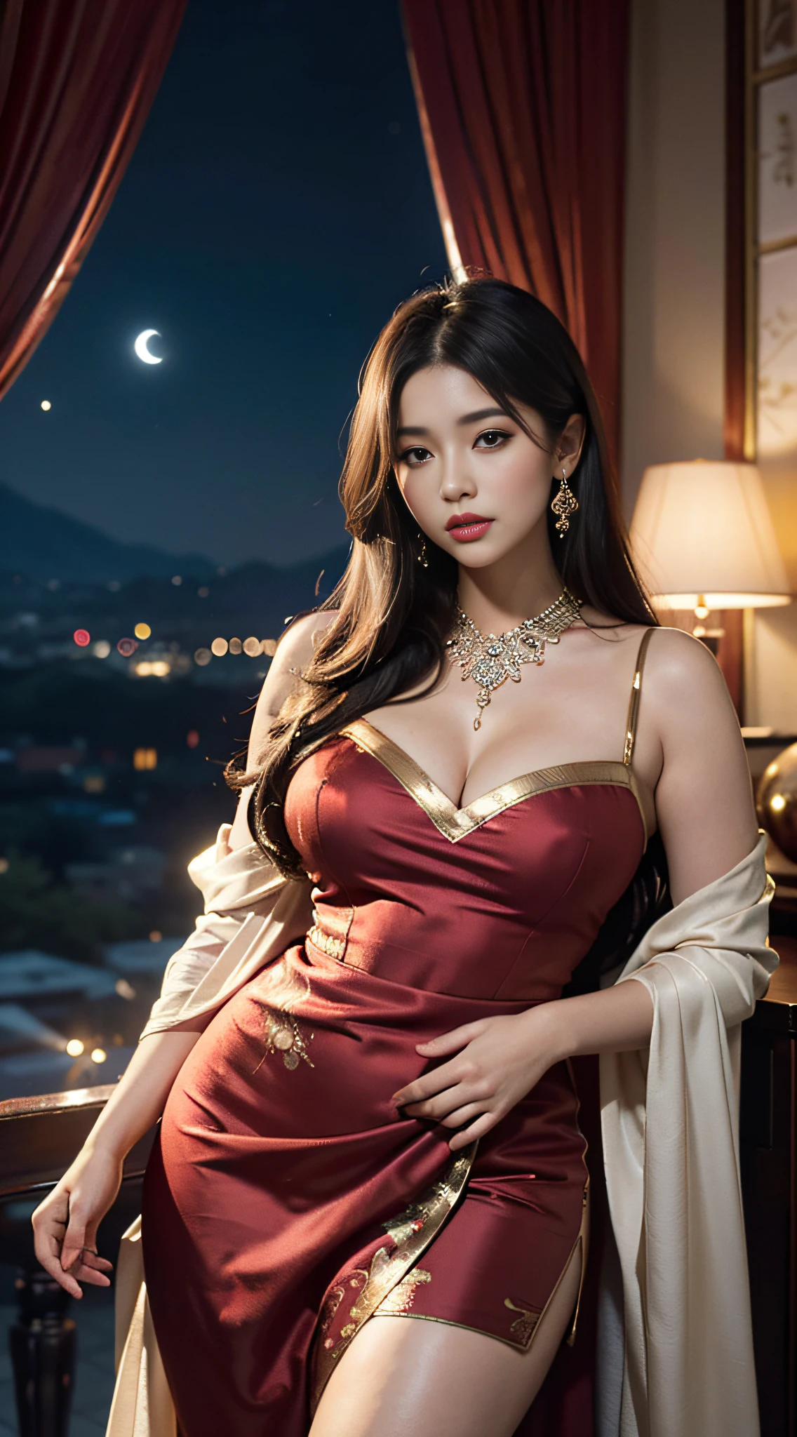 The art depicts a charming woman dressed in a flowing, silky traditional oriental dress decorated with intricate patterns and bright colors. Her dress drapes elegantly over her curvy figure, accentuating her seductive silhouette. She stood gracefully in the quiet moonlit night, bathed in the soft glow of the moonlight. The scene exudes an ethereal and dreamy atmosphere, with a touch of mystery and sexiness. The graphic style blends watercolor and digital illustration techniques to evoke a refined beauty and charm. The lights are filled with soft moonlight, casting soft highlights and shadows on her charming features. Bare thighs(looking at viewer:1.5)