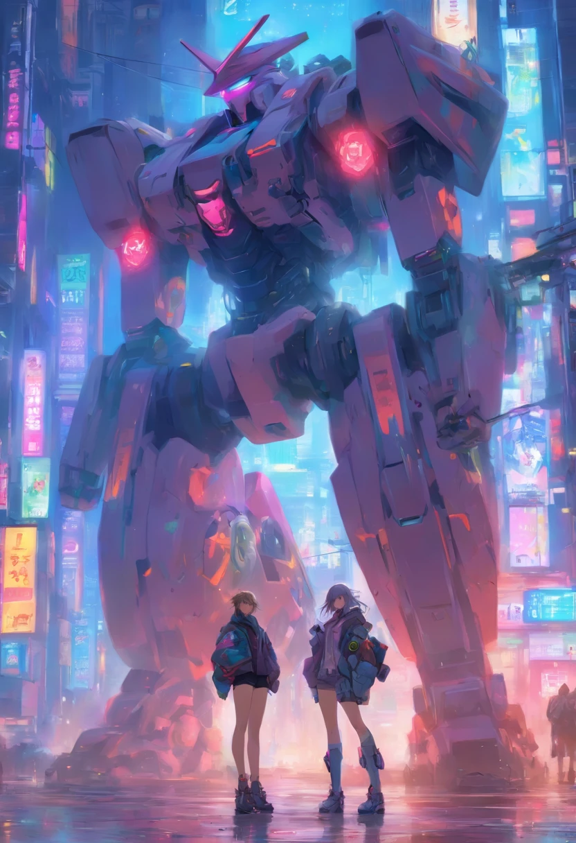 A couple of people standing in front of a giant robot - SeaArt AI