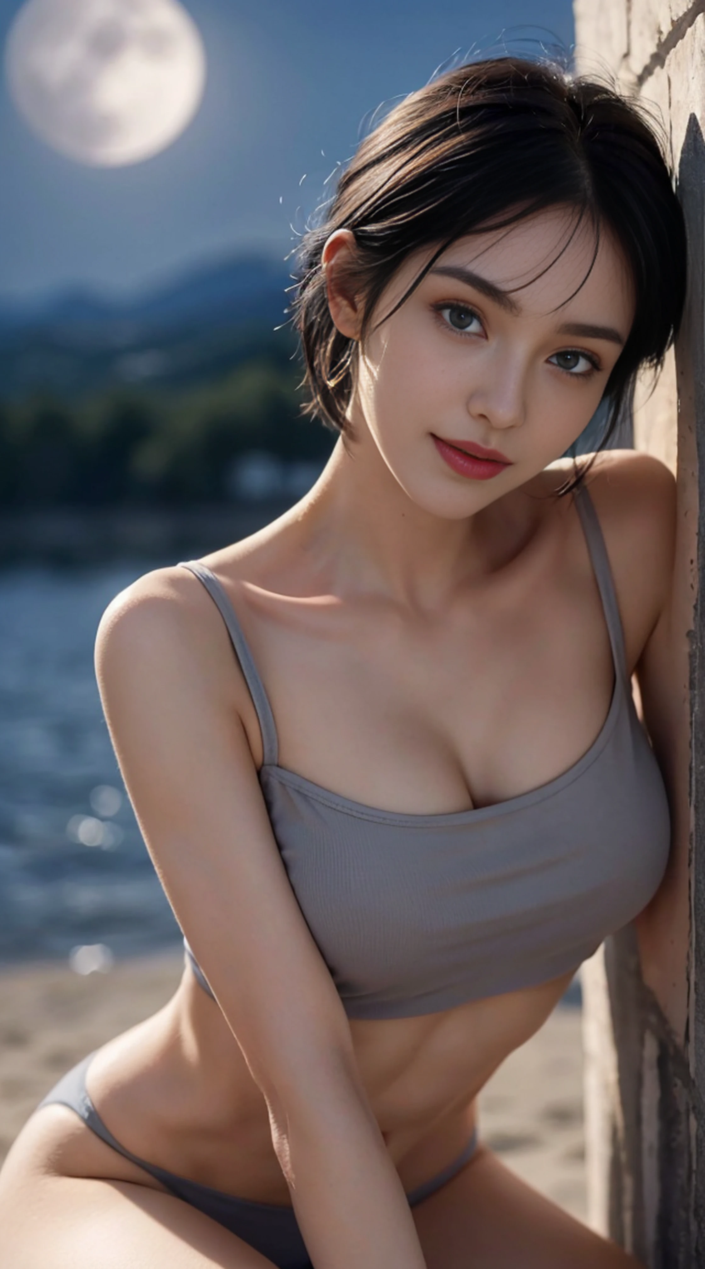 bust shot, strapless black bra, I can see the cleavage, soft big breasts,  smile - SeaArt AI
