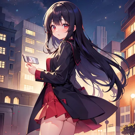 masterpiece, best quality, ultra-detailed, kawaii, cute, lovely, anime style, building, night, a cute girl, 1girl, solo, robe, beautiful black hair, beautiful red eyes, beautiful eyes, long hair, mask, cool
