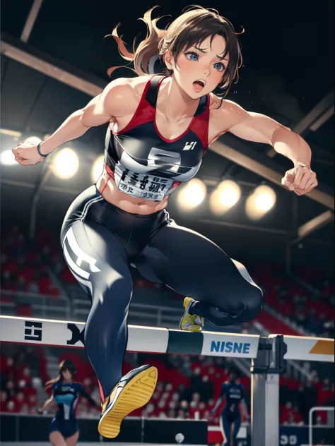 1 girl, ((matured woman jumping over a hurdle toward viewer on a track:1.3, dynamic action pose:1.2, left leg stretching straigh...