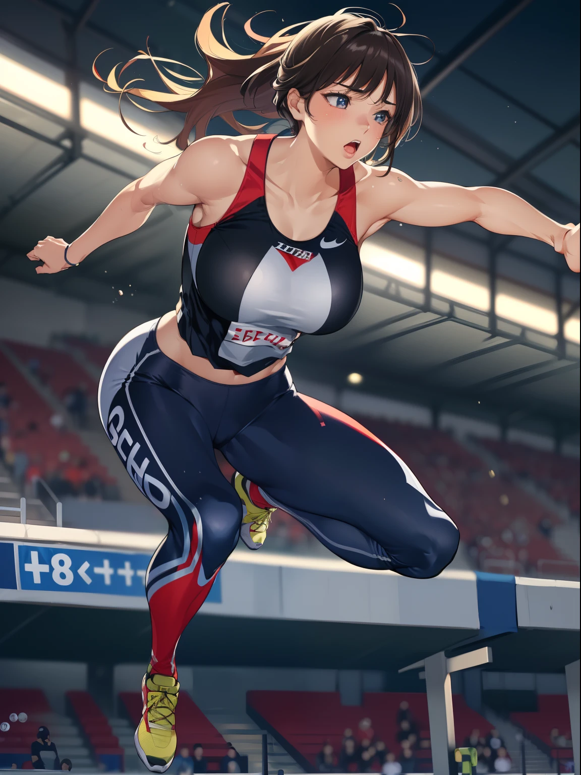 1 girl, (full body:1.5), ((matured woman jumping over a hurdle toward viewer on a track:1.3, dynamic action pose:1.2, left leg stretching straight and riding up high:1.25, leaning forward, sprint:1.2, athletic competition:1.2)), ((wearing white sports leggings and sports tank tops:1.2)), (fine detailed eyes, super detailed face:1.2, looking away), (ultra high resolution, 8K RAW photo, super realistics, textile shading), outdoor, ((correct anatomy:1.37)), centered image, (shoulder focus:1.2), ((from center of front:1.37)), dynamic angle, from below, blurry background, bokeh,