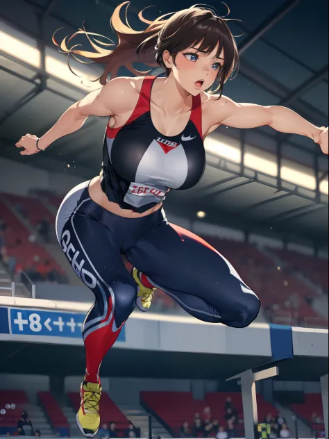 1 girl, (full body:1.5), ((matured woman jumping over a hurdle toward viewer on a track:1.3, dynamic action pose:1.2, left leg s...
