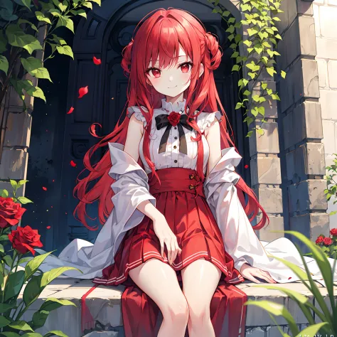 Wavy red hair、red eyes、Beautiful girl alone、robe blanche、sitting on、A smile、rose garden