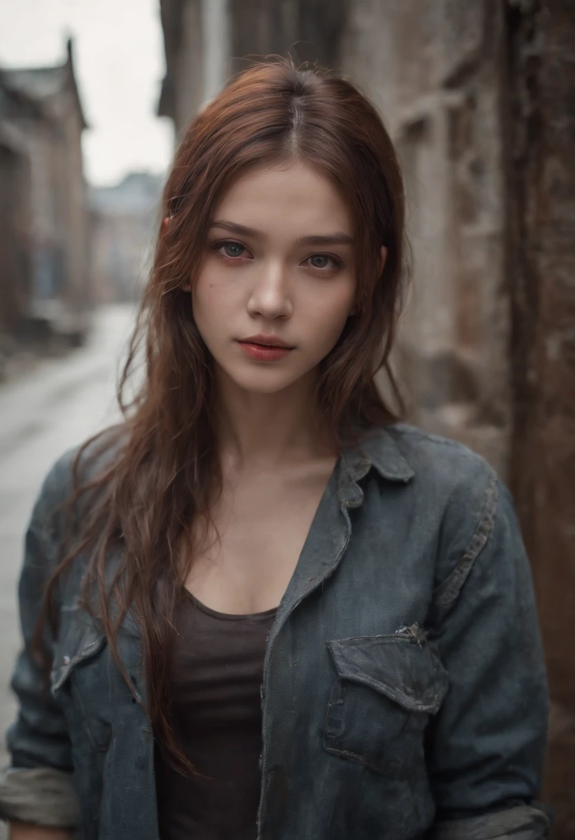 Una chica increíblemente hermosa, ojos radiantes y cautivadores, Frio e intenso, pelo largo y suelto, cuerpo sudoroso, Punk post-apocalíptico shirt, shorts cortos, bota, Ultra realismo fotográfico, Realista, Piel de textura real de la mejor calidad., atmósfera de película, ropa andrajosa, (Punk post-apocalíptico, ficción post-apocalíptica), un mundo post-apocalíptico con edificios que se derrumban, (manchas de sangre), arte de Kurahashi Rei, Inquietante y solemne, Un rayo de luz brilla a través, iluminando el sombrío entorno, (mejor calidad, obra maestra, profundidad de campo, full HD, 4k, riqueza de detalles), estilo retrato,Parte superior del cuerpo