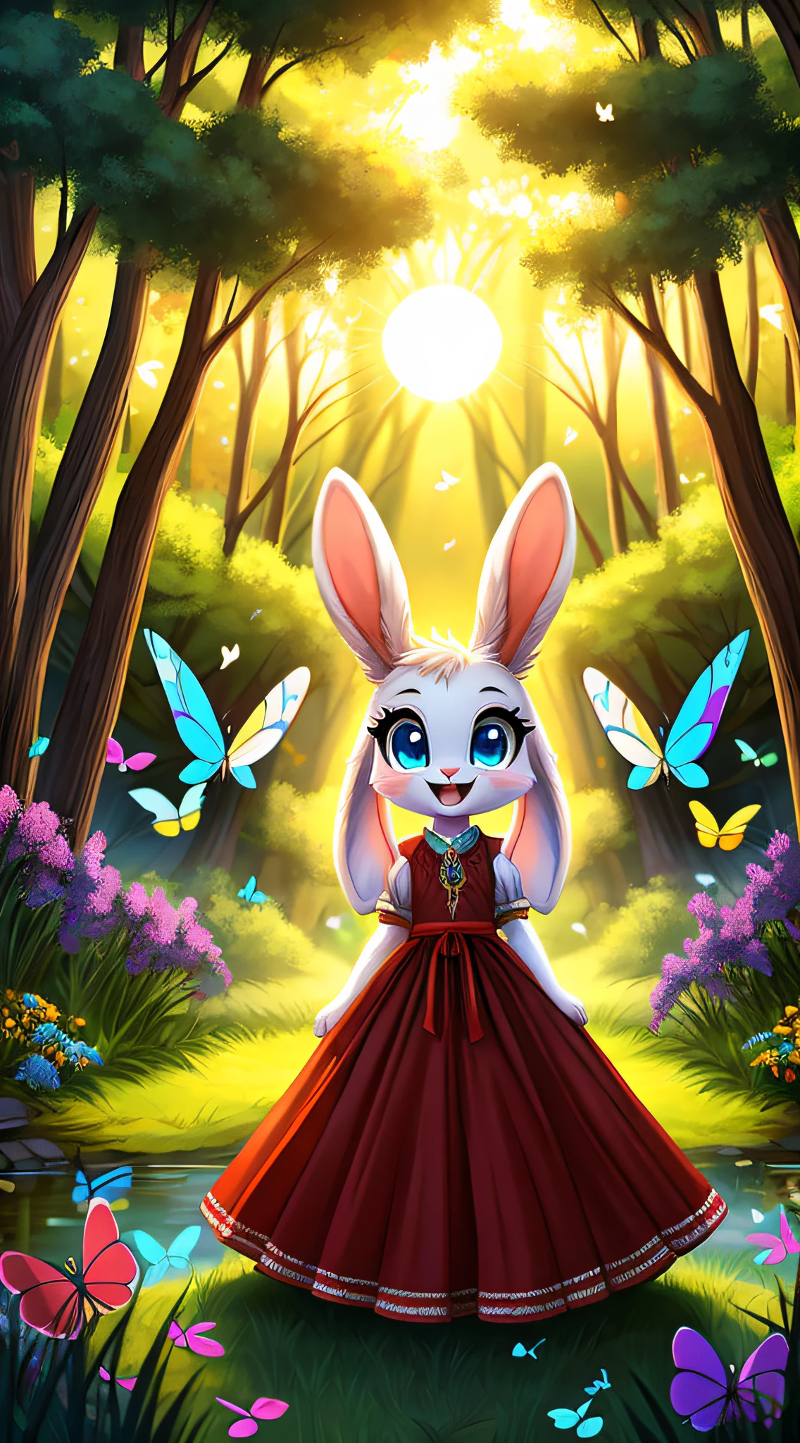 zoomed out image, fantasy style art, cute, adorable, small and tiny little fluffy female white bunny with blue eyes, big floppy ears, long ears, long eyelashes, wearing a long red frilly ribbon dress, raising one hand, smiling in a forest, next to a creek, big expressive smile, open mouth, wide eyes, excited eyes, excited face, stunning visuals, sun coming through the trees, colorful butterflies, digital illustration