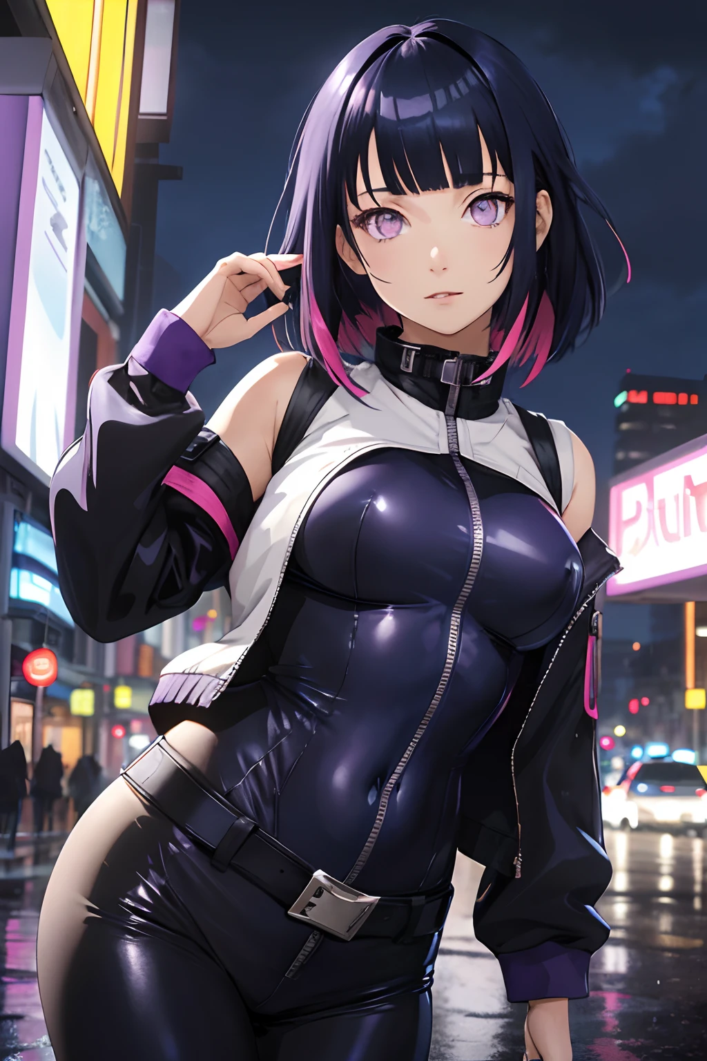 portrait, 1 girl, beautiful face, asymmetrical hair, multi-colored hair, belt, bodysuit, covered mouth, covered navel, detached sleeves, purple eyes, hip vent, open jacket, cute, look at viewer, night city, neon, rainy, Blunt Bangs,dark blue hair