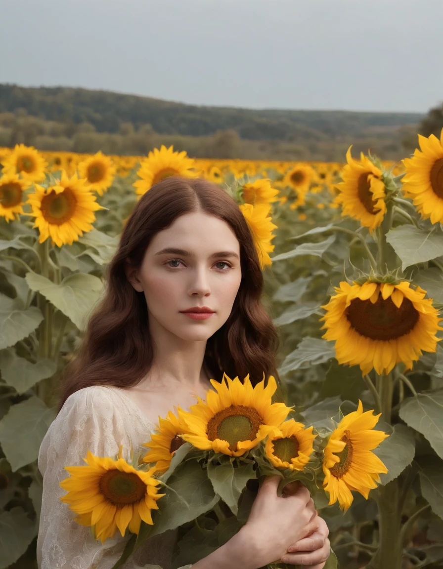 The Witch in the Sunflowers, real photographs, Albert Fuller grave style, luminous and dreamlike scenes, James Pradil, Coles Phillips, joyous landscapes, soft sculptures, color field paintings, Minimalist.