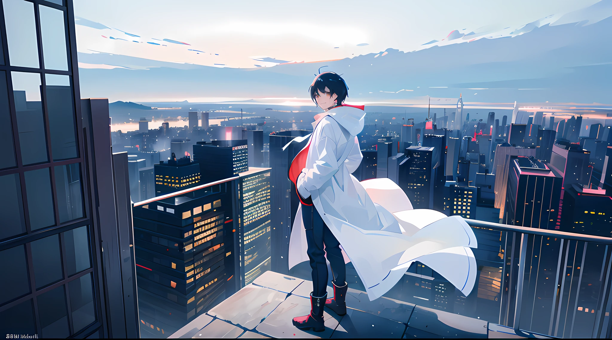 anime - style scene of a man standing on a balcony overlooking a city, anime art wallpaper 8 k, 4k anime wallpaper, anime wallpaper 4 k, anime wallpaper 4k, anime art wallpaper 4k, anime art wallpaper 4 k, anime style 4 k, makoto shinkai cyril rolando, 4 k manga wallpaper, ultra hd anime wallpaper