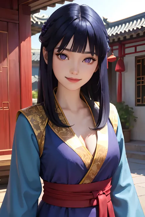 portrait, looking at viewer, smiling, teeth,
1girl, solo, blunt bangs, purple eyes, long dark blue hair,
blue hanfu, layered dre...