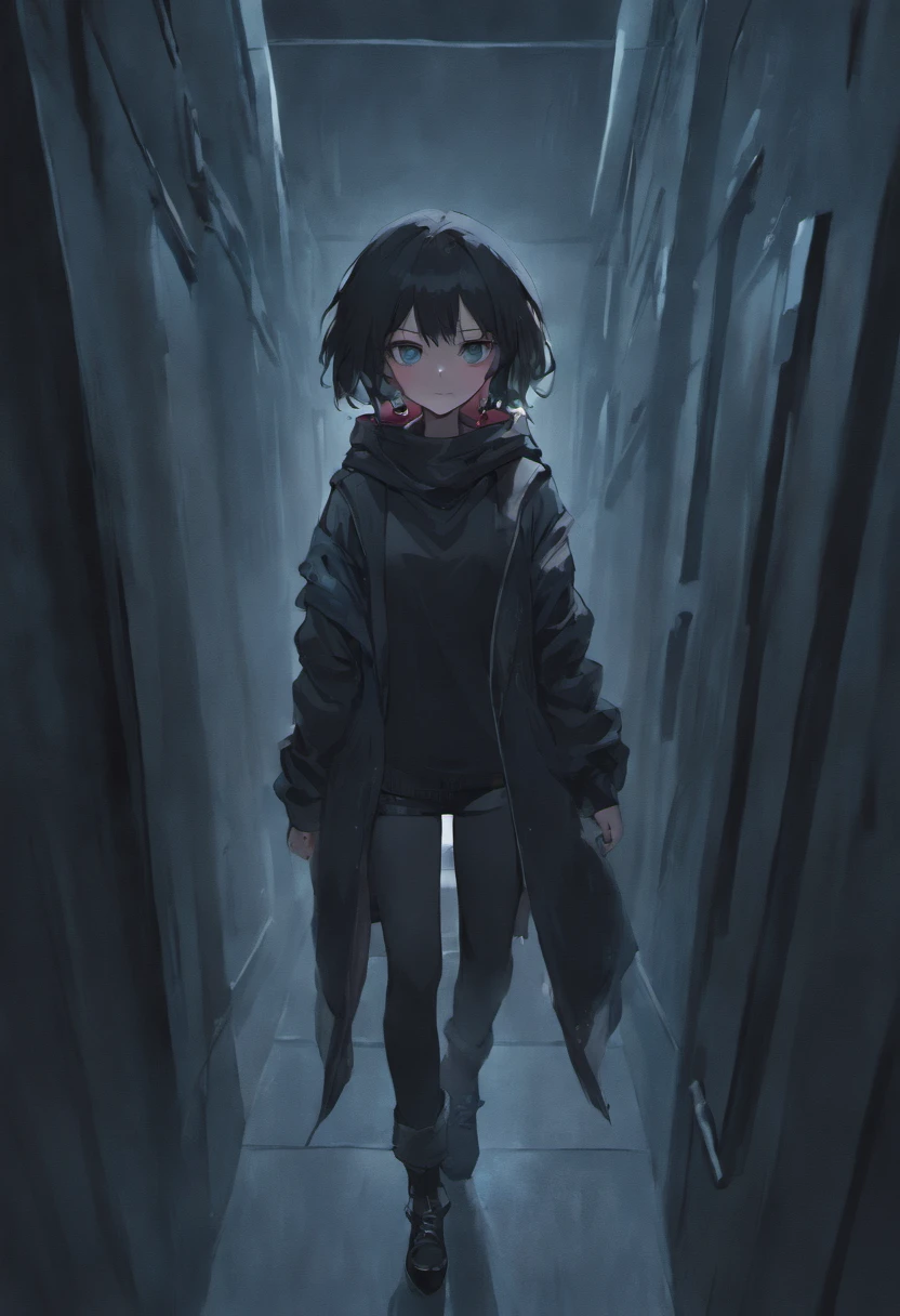 Anime girl in a dark hallway with a black coat and a red scarf - SeaArt AI