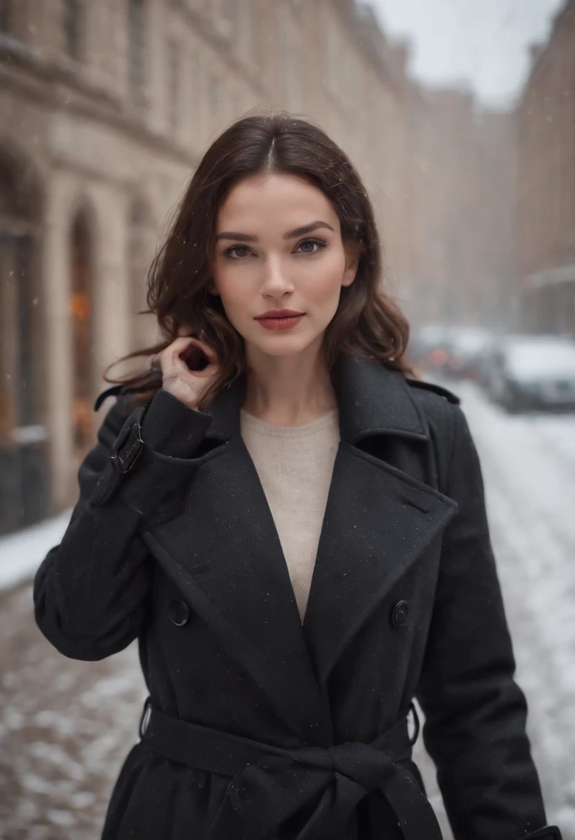 woman dressed in retro black trench coat, walks down the street, cold and snowing weather, bokeh style, medium close up shot, high quality photo