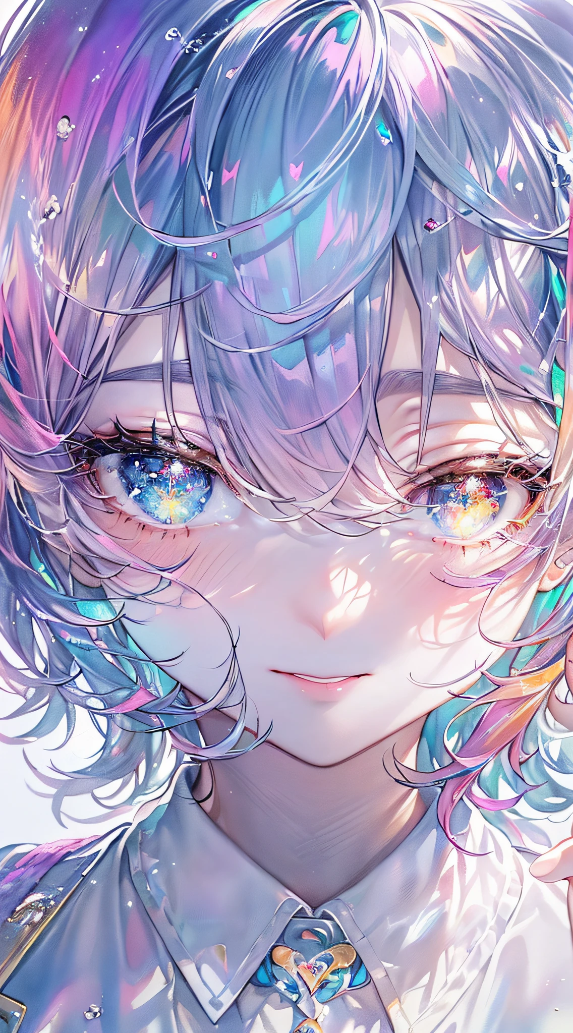 Soft Focus , (Bright gradient watercolor :1.5, Lens Flare:1.5 , Glitter :1.5), Glow , Dreamy , White background、Grid illusion, Colorful, girl、((extremely detailed eye:1.5)),((Face Zoom:1.5)),((Face Focus:1.5)),(((​masterpiece、top-quality、top-quality、watercolor paiting)))(Curly)、Official art、Beautifully Aesthetic:1.2)、(4girl:1.5)、(Fractal Art:1.3)、The upper part of the body、colourfull、((Ultra-detailed retina:1.5))、embarrassed from、(Midriff)、((Super Detail Eyes:1.5))、(rainbow-colored hair、colourful hair、Half blue and half light blue hair:1.5)、((the Extremely Detailed CG Unity 8K Wallpapers、​masterpiece、top-quality))、((ultra-detailliert:1.2))、(The best lighting、Best Shadows、extremely delicate and beautiful)、(the Extremely Detailed CG Unity 8K Wallpapers、​masterpiece、best qualtiy、ultra-detailliert)、(The best lighting、Best Shadows、extremely delicate and beautiful)、(the perfect body:1.5)、((High School Uniforms:1.5)),{{{{Dazzling brilliance}}}}、Rainbow Bridge、(masutepiece:1.2), Best Quality, (Illustration:1.2), (Ultra-detailed), hyperdetails, (delicate detailed), (Intricate details), (Cinematic Light, best quality backlight), solo women, Perfect body, (4girl), (Best Illumination, extremely delicate and beautiful), Cinematic Light、【emblem:Irridescent color 】、【emblem】、【emblem】、Blue sky with white angel wings proportional to body、Sunnyday、eye glass、(Hand and hand heart shape:1.5)