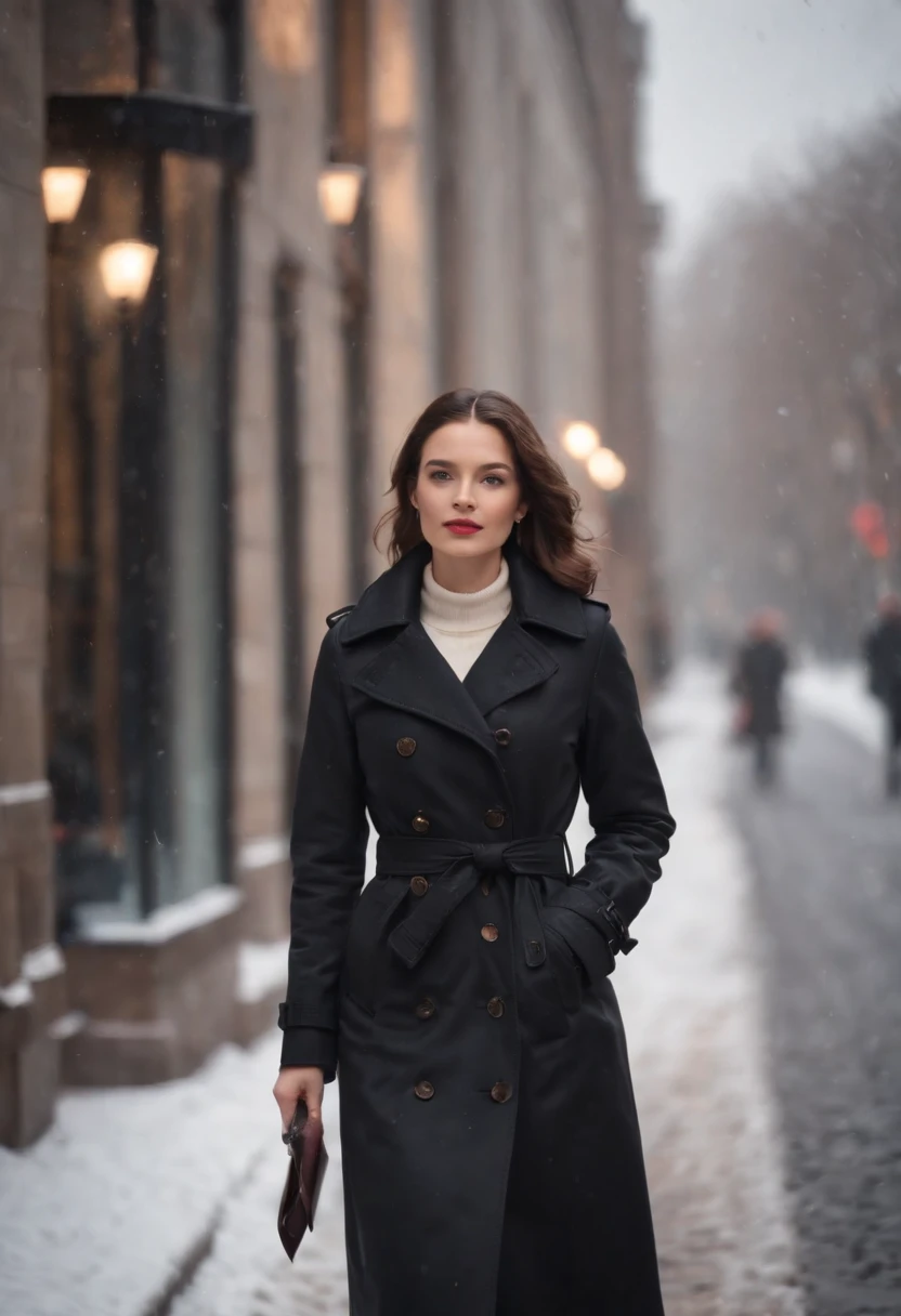 レトロな黒のトレンチコートを着た女性, 通りを歩く, 寒くて雪が降る