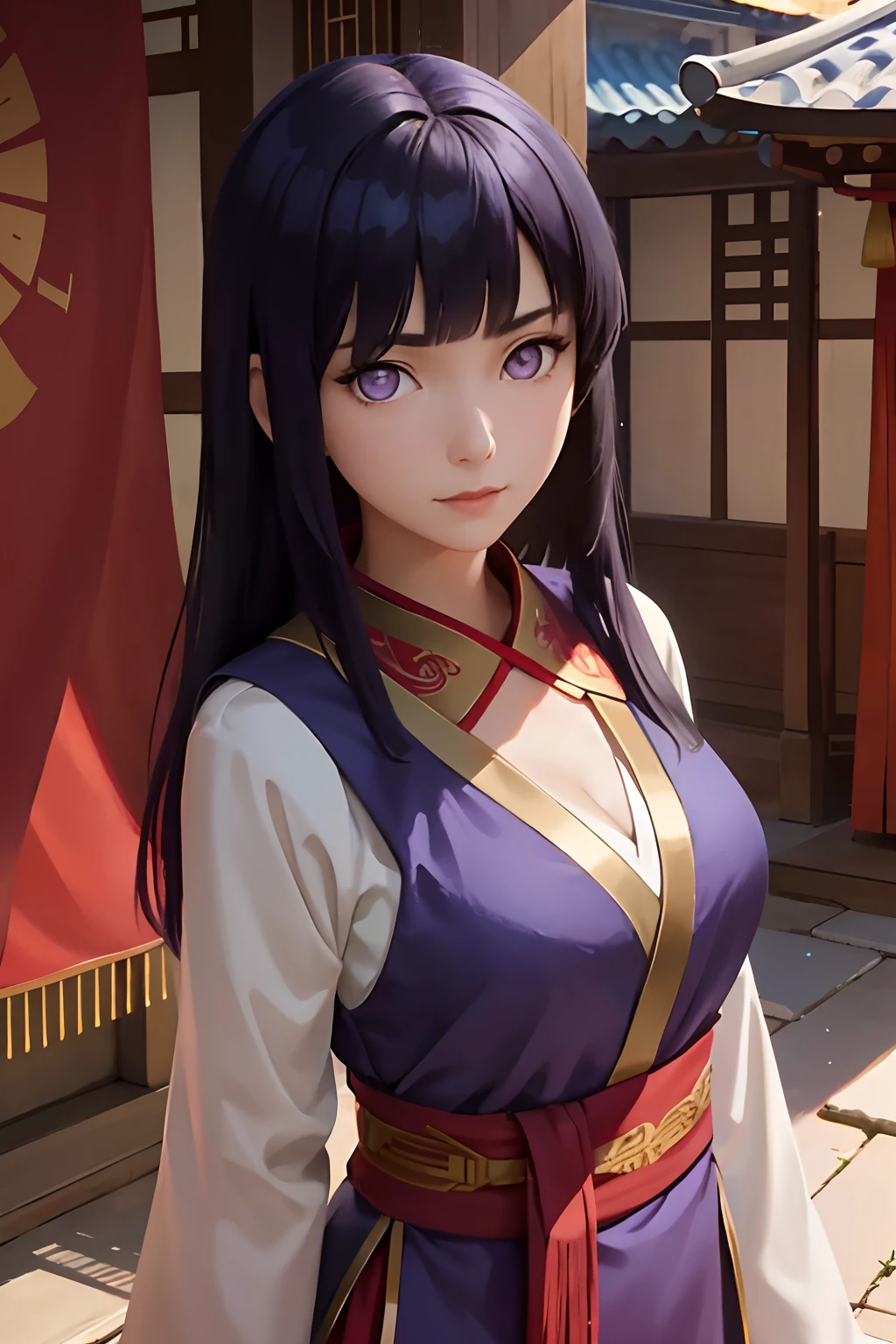 portrait, looking at viewer,
1girl, solo, blunt bangs, purple eyes, long dark blue hair,
blue hanfu, layered dress, red sash, cleavage,
outdoors, Chinese courtyard, china, summer
volumetric lighting, masterpiece, best quality