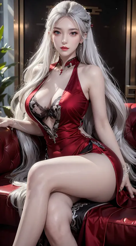 Photorealistic, high resolution, 2 woman, Hips up, Beautiful eyes, White hair, Long hair, ringed eyes, jewelry, tattoo, wedding dress, red dress, china dress, crossing legs