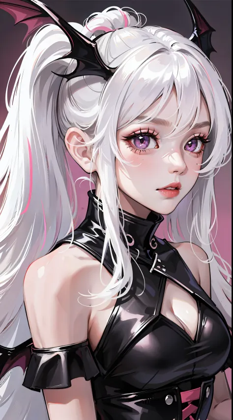 Adult girl, long white hair, high ponytail, pink eyes, bat wings, black rich dress, anger, masterpiece, high quality