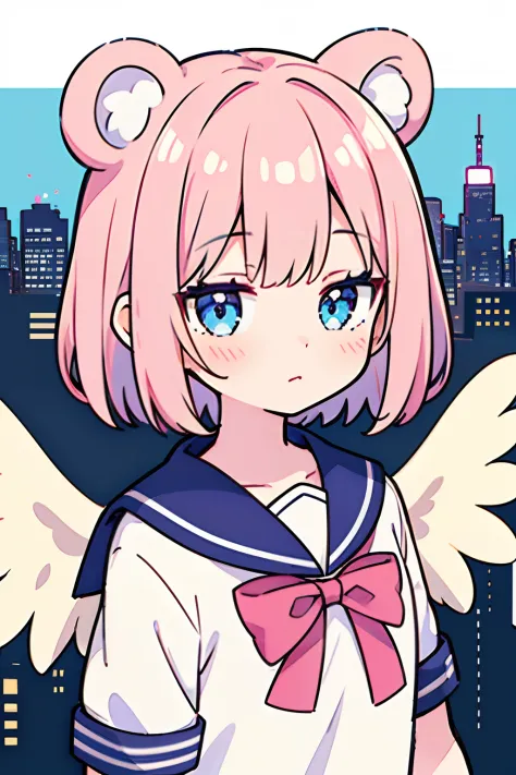 skistyle, 1girl in, Solo, Pink hair, Animal ears, Blue eyes, Wings, Looking at Viewer, Bangs, Short hair, Bow, Sailor collar, white sailor collar, Hair Bow, pink bows, Closed mouth, Shirt, White shirt, Bear ears, bob cuts, mini wings, Portrait, detached wi...