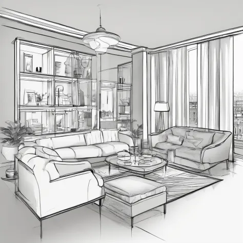 Small living room、Correct perspective、line-drawing、outlines、Medium omission、unmanned、grayscales