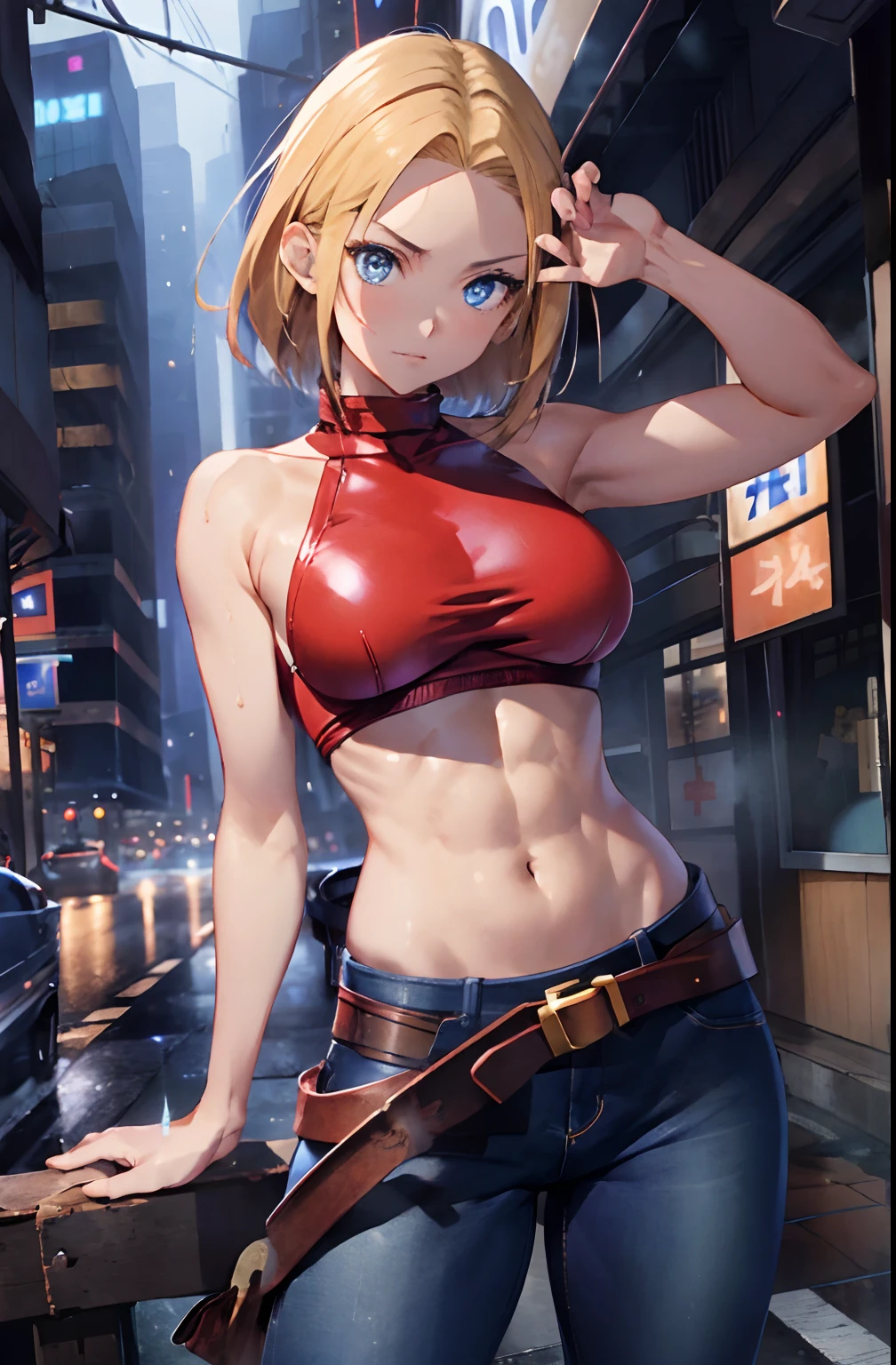 maryms, Best Quality,(beauty), 1girl,phisically-based render ,ultra highres,(cowboy shot:1.5),narrow waist, skinny, LeonaMS ,muscular, big blue eyes,long legs,jeans,leather belt,small breasts,puffy eyes, leather belt,(rainy city), shiny skin, facing viewer, Victory posture,