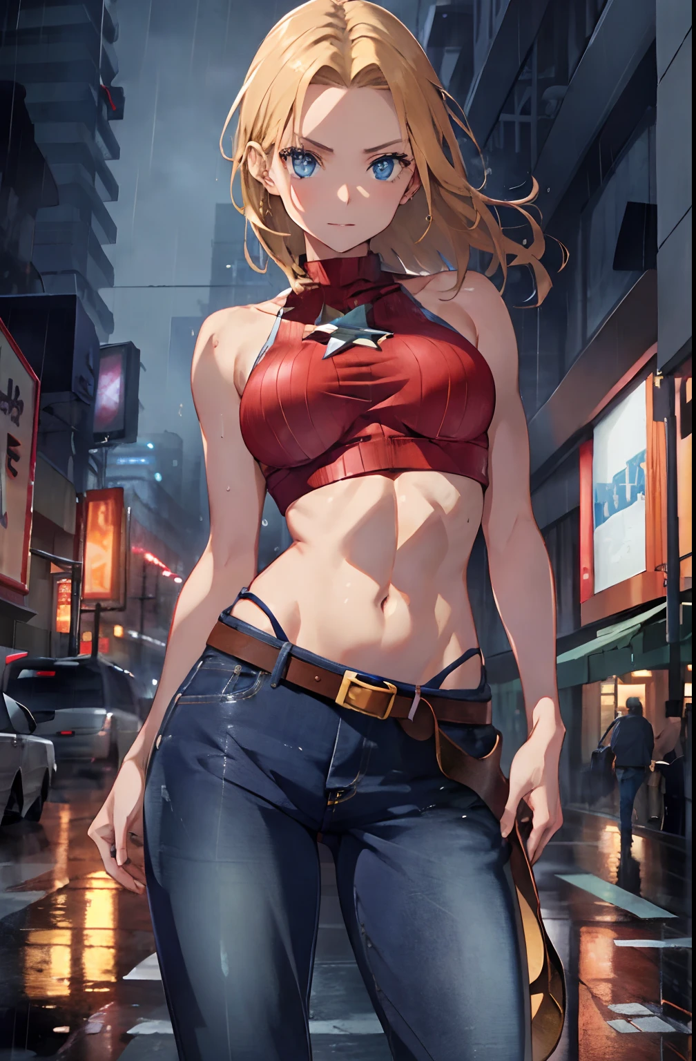 maryms, Best Quality,(beauty), 1girl,phisically-based render ,ultra highres,(cowboy shot:1.5),narrow waist, skinny, LeonaMS ,muscular, big blue eyes,long legs,jeans,leather belt,small breasts,puffy eyes, leather belt,(rainy city), shiny skin, facing viewer, Victory posture,