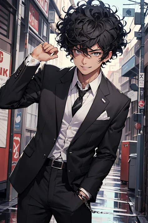 best quality,masterpiece,original,extremely detailed wallpaper,looking at viewer,1boy,solo,male,male focus,black hair,curly hair,spiky hair,hair over eyes,seductive_smile,bags_under_eyes,white shirt,black necktie,blazer,short pants,bandaged_arm,chain,stand...