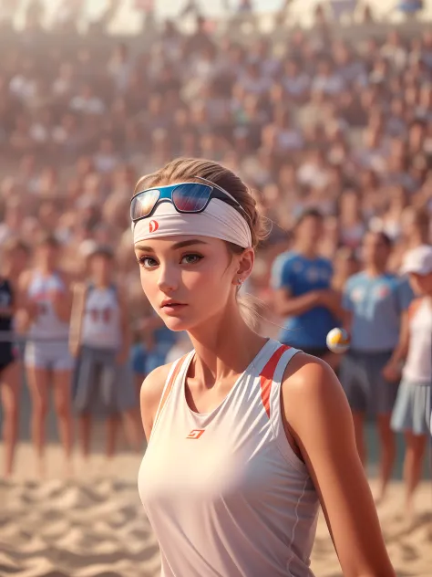 Modern Audrey Hepburn wears a stylish volleyball jersey, at beach volleyball field tournament, sweaty, energentic, detailed face...