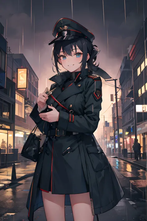 1girl,military outfit,night city,rain,coat,holding her phone, looking at viewer, smiling