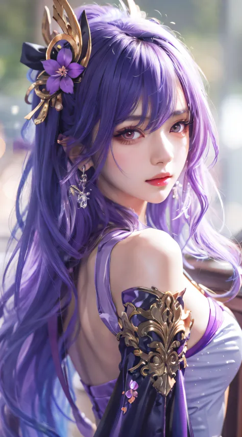 Anime girl posing for photo with purple hair and purple gloves, Portrait Chevaliers du Zodiaque Fille, Extremely detailed Artger...