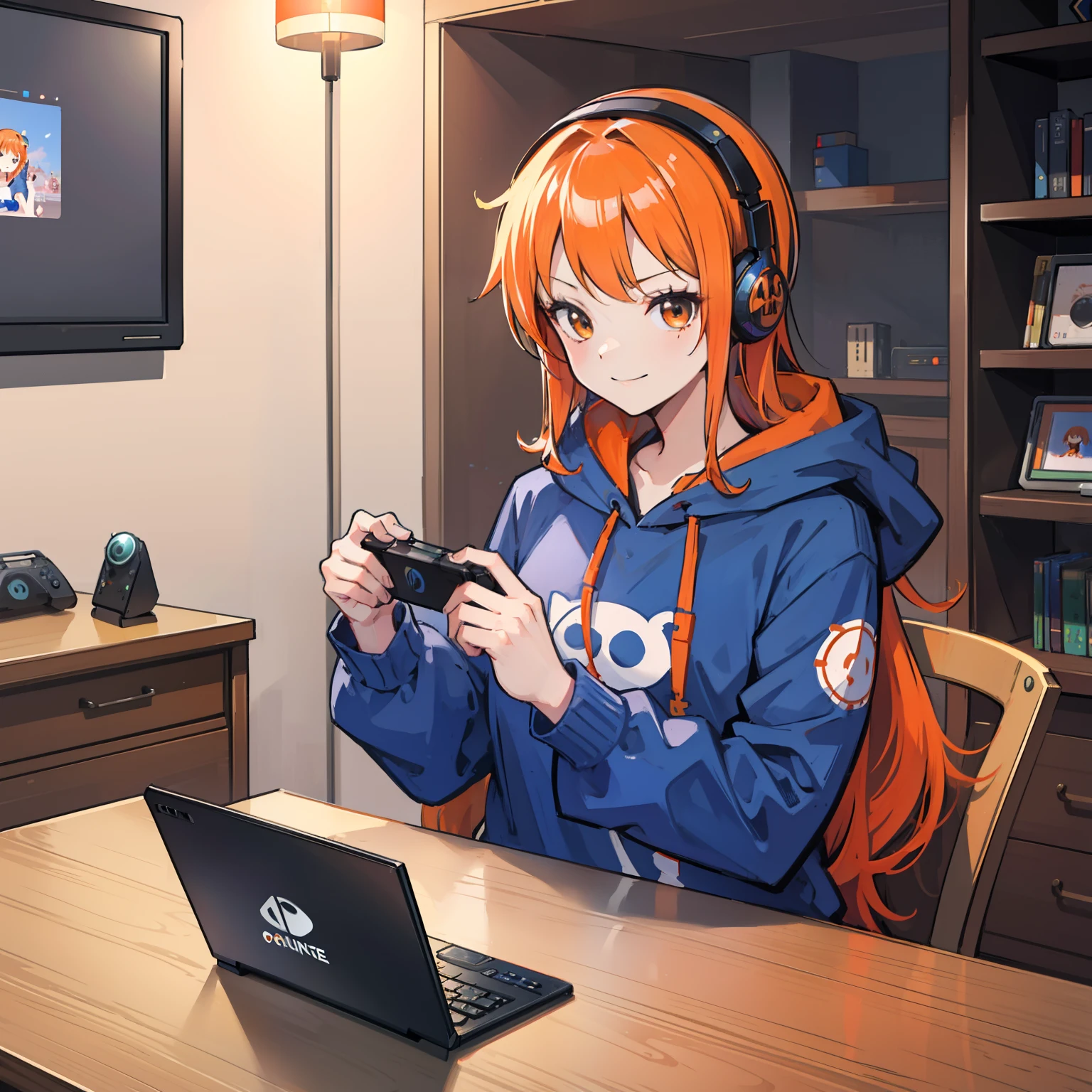 Anime girl with headphones playing a video game on her laptop - SeaArt AI