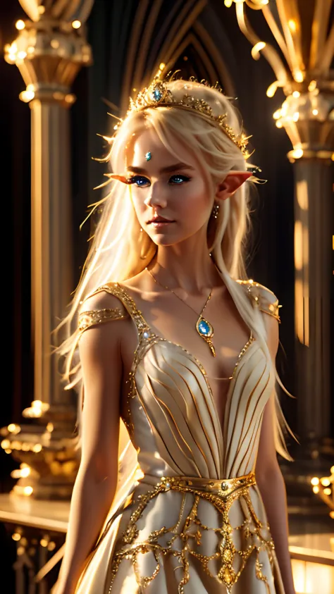 Princess elf, high elf, Nordic girl ,golden dress,  royal Court,  elegant dress,  high details, beautiful, gorgeous, Pretty face...