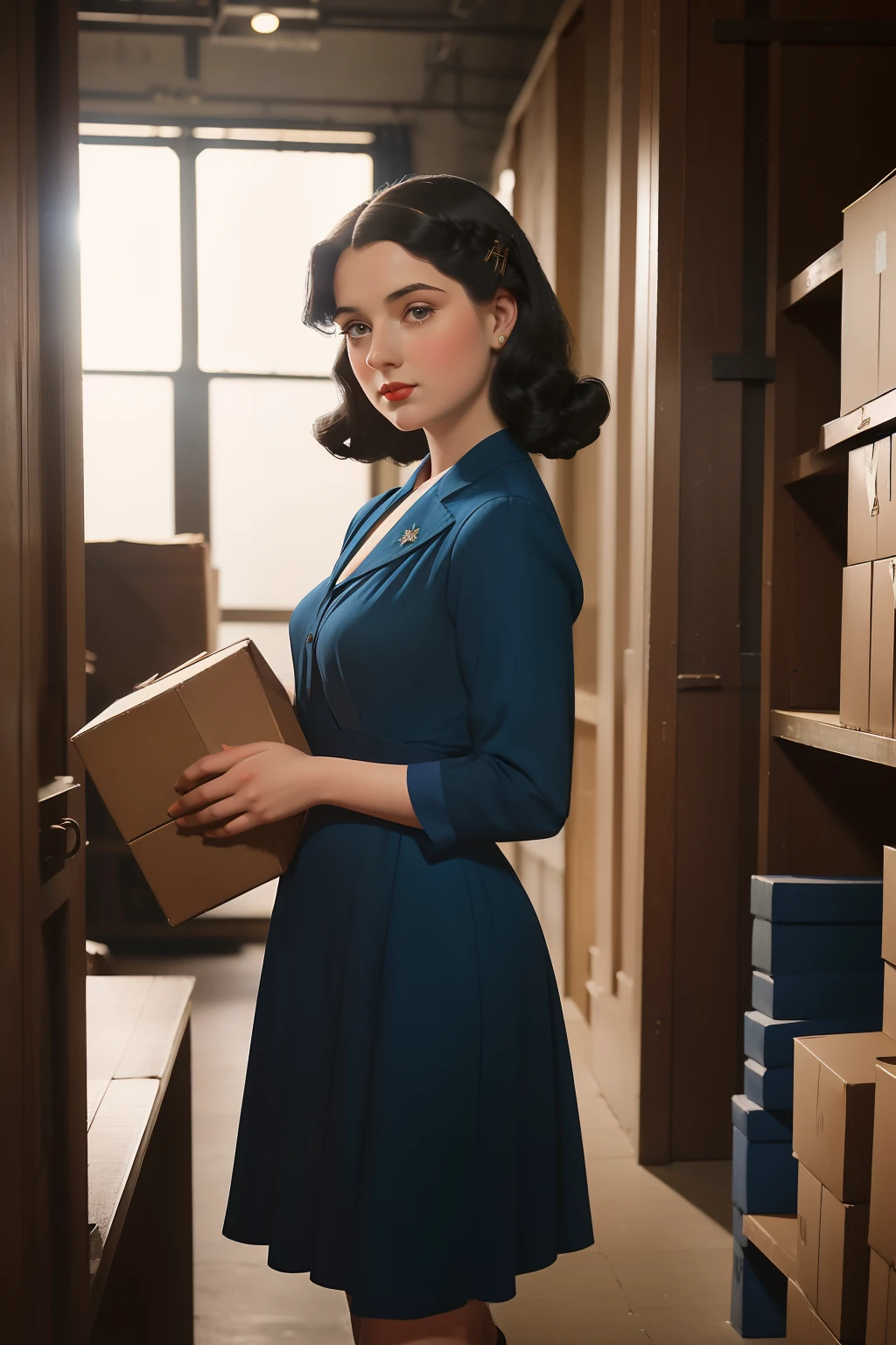 年: 1946. 地點: 華盛頓. 拉斐爾前派黑髮、藍裙子的年輕女子, 在裝滿箱子的倉庫裡, 偷偷翻閱秘密文件 ((20 世紀 40 年代的衣服)) ((1940年代髮型)) ((風格 "奧米特")) ((電影風格))