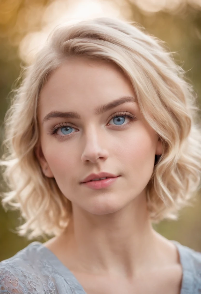 Beautiful blond, 1, short wavy hair, bright blue eyes, cute face