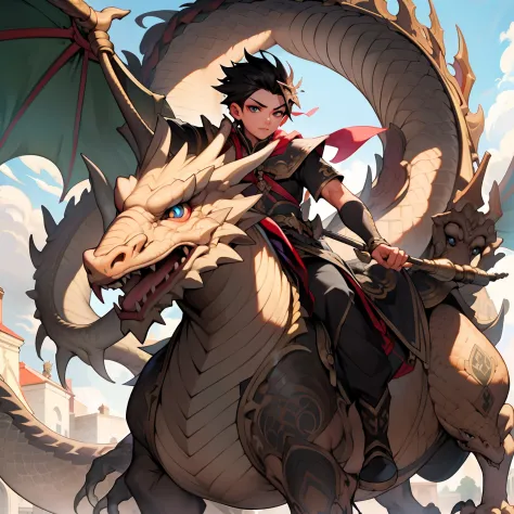 ((raw photogr)), ((tmasterpiece)), absurderes, a high resolution, ultra detailed, a handsome boy rides on the back of a dragon，e...