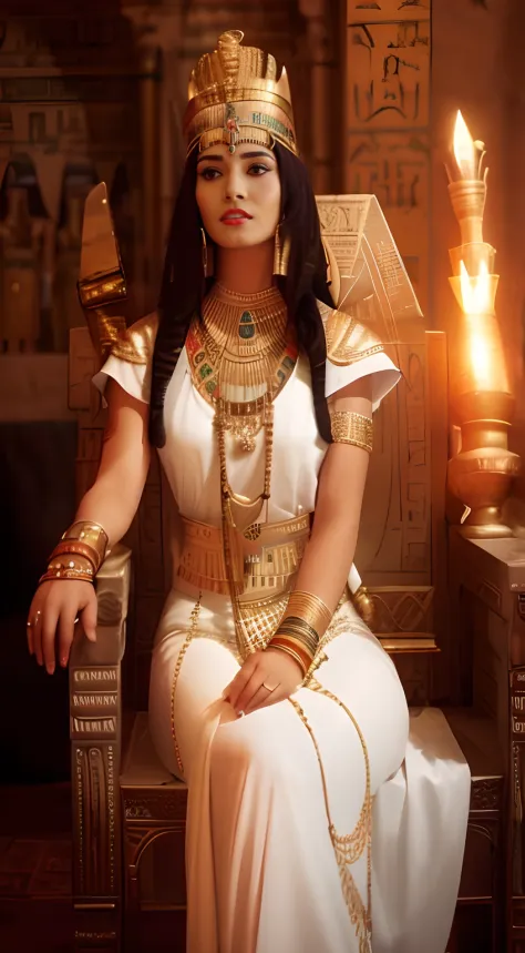 a close up of a woman in a white dress sitting on a chair, egyptian princess, wearing an egyptian crown, goddess queen, beautifu...