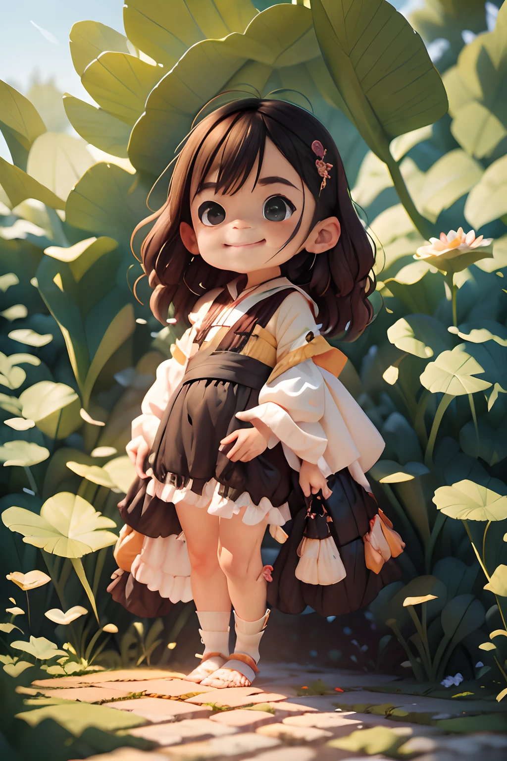 Pods full of lotus flowers, A little girl happily sits on the lotus leaves of a pod, Huge lotus leaf, Barefoot, Dressed in white and green Hanfu, Light and shadow, A masterpiece，stechu，（white backgrounid：1.4），（（tachi-e）），Original，（illustratio：1.1），（best qualtiy），（tmasterpiece：1.1），（Very detailed CG unity 8k wallpaper：1.1），（a color： 0.9),(panoramicshooting:1.4),(solo person:1.2),(Splash ink),(Splash color),((aquarelle)),sharp and clear focus,{ 1girl standing },((korean style )),flower background ,exteriors,Rochas,Look at the viewer,Make happy faces,Soft smile,chaste,Beautiful delicate face and eyes,Delicate garment pattern details,brunette color hair,blackigeyes,shuicolor