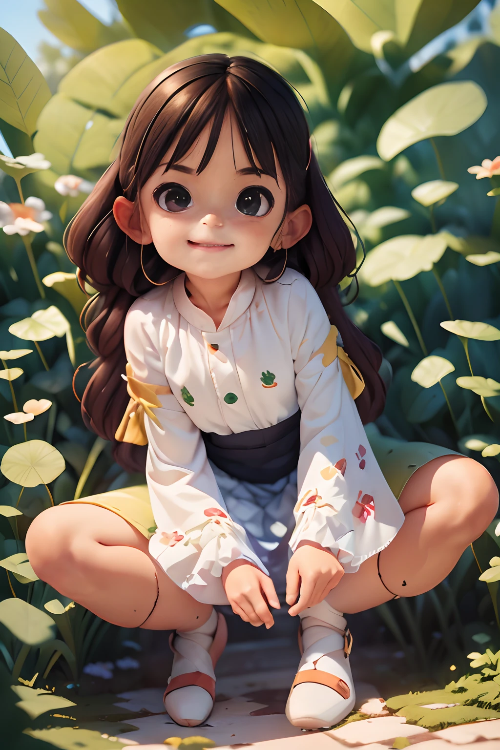 Pods full of lotus flowers, A little girl happily sits on the lotus leaves of a pod, Huge lotus leaf, Barefoot, Dressed in white and green Hanfu, Light and shadow, A masterpiece，stechu，（white backgrounid：1.4），（（tachi-e）），Original，（illustratio：1.1），（best qualtiy），（tmasterpiece：1.1），（Very detailed CG unity 8k wallpaper：1.1），（a color： 0.9),(panoramicshooting:1.4),(solo person:1.2),(Splash ink),(Splash color),((aquarelle)),sharp and clear focus,{ 1girl standing },((korean style )),flower background ,exteriors,Rochas,Look at the viewer,Make happy faces,Soft smile,chaste,Beautiful delicate face and eyes,Delicate garment pattern details,brunette color hair,blackigeyes,shuicolor